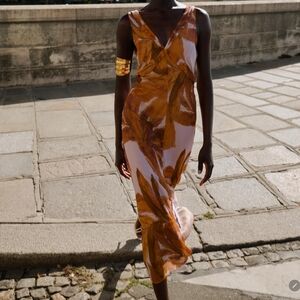 Zara Brown and White Abstract Print Sleeveless Dress